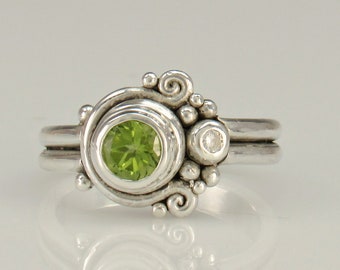 Sterling Silver 6 mm Peridot and Moissanite Ring, Size 9 3/4 Handmade One of a Kind Artisan Ring Made in the USA with Free Domestic Shipping