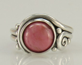 Sterling Silver 10 mm Rhodonite Cabochon Ring, Handmade One of a Kind Artisan Ring Made in the USA with Free Domestic Shipping, Size 8.