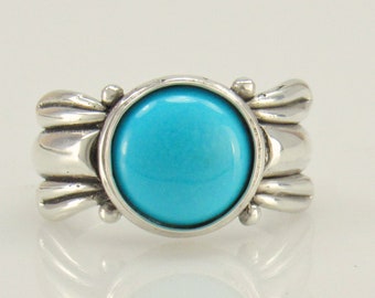 Sterling Silver 10 mm Round Turquoise Ring, Handmade One of a Kind Artisan Ring Made in the USA with Free Domestic Shipping.