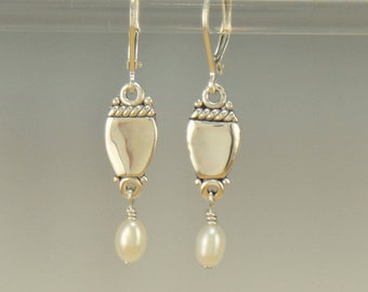 Sterling Silver Earrings with Fresh Water Pearl Dangles- Handmade One of a Kind Artisan Earrings Made in the USA with Free Domestic Shipping