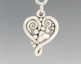 Sterling Silver Heart Pendant with Paw Print, Handmade One of a Kind Artisan Pendant Made in the USA with Free Domestic Shipping!