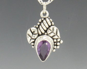 Sterling Silver 7x12 Pear Amethyst Pendant with 18" Chain, Handmade One of a Kind Artisan Jewelry Made in the USA with Free Shipping!