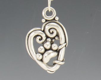 Sterling Silver Heart Pendant with Paw Print, Handmade One of a Kind Artisan Pendant Made in the USA with Free Domestic Shipping.