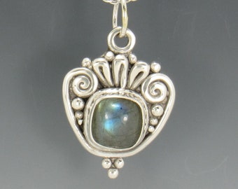 Sterling Silver 10 mm Labradorite Pendant with 18" Chain,  Handmade One of a Kind Artisan Jewelry Made in the USA with Free Shipping!