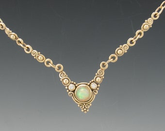 14ky Gold Ethiopian Opal and Diamond Necklace,  Handmade One of a Kind Artisan Necklace Made in the USA with Free Domestic Shipping.