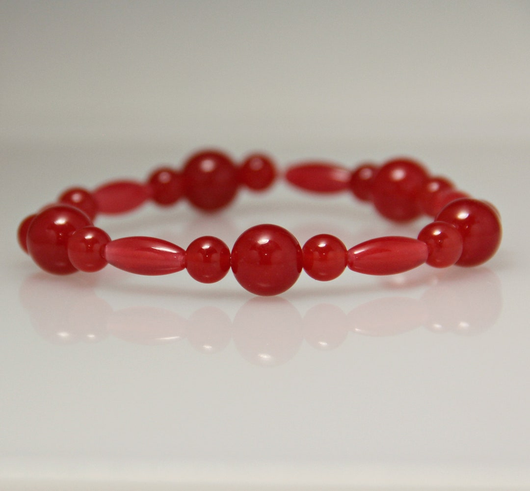 Dyed Red Quartz Bead Stretch Bracelet Handmade One of a Kind Artisan