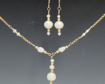 Yellow Gold Filled White Pearl Necklace and Earring Set, Handmade One of a Kind Artisan Jewelry Made in the USA with Free Shipping!