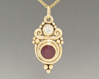 14k Yellow Gold Pendant with 8 mm (3.57ct.) Ruby and 4 mm Moissanite - Handmade One of a Kind Pendant Made in the USA with Free Shipping!