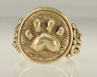 14ky Gold Paw Print Ring, Handmade One of a Kind Artisan Dog Paw Ring Made in the USA with Free Shipping