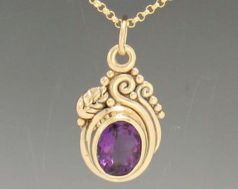 14k Yellow Gold Pendant with 10x8mm Amethyst, Handmade One of a Kind Artisan Pendant Made in the USA with Free Domestic Shipping!