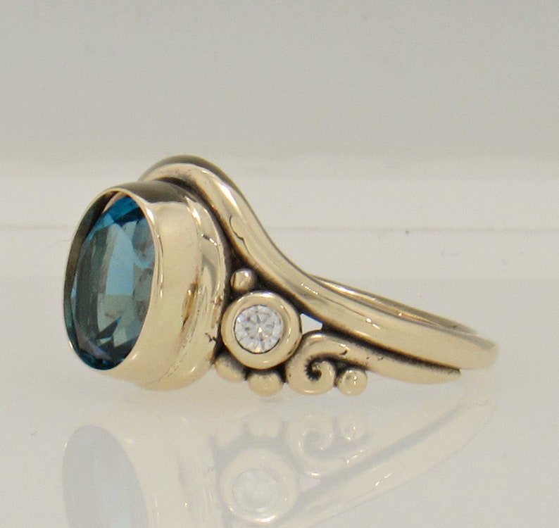14ky Gold 10x8 mm London Blue Topaz with Moissanite Ring, Size 8 1/2, One of a kind Handmade Artisan ring made in the USA, Free Shipping. image 3