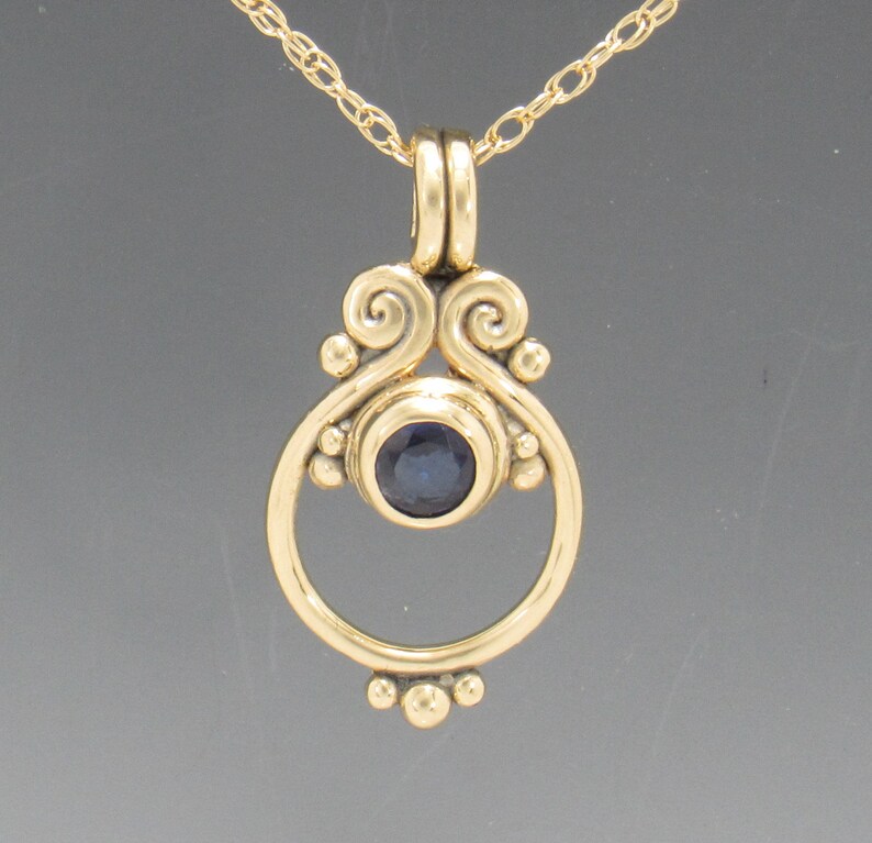 14k Yellow Gold Pendant with 5.5 mm Blue Sapphire, 18 Gold Chain Handmade One of a Kind Pendant Made in the USA with Free Shipping image 1