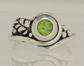 Sterling Silver 5 mm Peridot Ring, Size 7 1/4, Handmade One of a Kind Artisan Jewelry Made in the USA with Free Domestic Shipping!