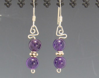 Purple Amethyst and Silver Bead Earrings On Sterling Silver Wire, Handmade One of a Kind Earrings, Made in the USA.