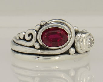 Sterling Silver 7x5 mm Lab Created Ruby and 4 mm Moissanite Ring, One of a Kind Bezel Set Handmade Artisan Ring, Made in USA, Free Shipping.