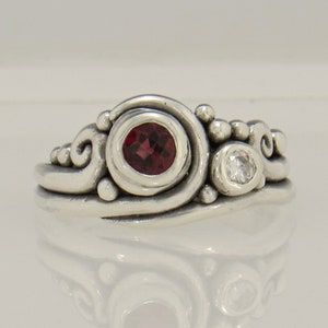 Sterling Silver 5 mm Garnet and 3 mm Moissanite Ring, One of a Kind Bezel Set Handmade Artisan Ring, Made in USA, Free Shipping. image 1