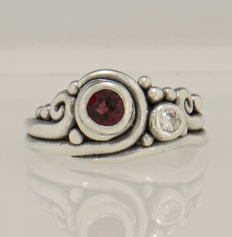 Sterling Silver 5 mm Garnet and 3 mm Moissanite Ring, One of a Kind Bezel Set Handmade Artisan Ring, Made in USA, Free Shipping. image 1