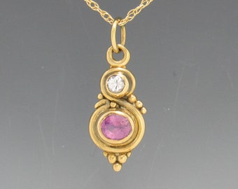 14k Yellow Gold 5x7 Pink Sapphire and 3.5 White Sapphire Pendant, Handmade One of a Kind Pendant Made in the USA with Free Shipping!
