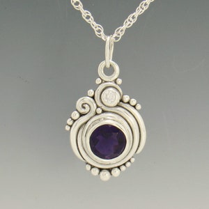Sterling Silver 10mm Amethyst and 3mm Moissanite Pendant, has 20 Silver Chain, Handmade One of a Kind Artisan Jewelry with Free Shipping image 1