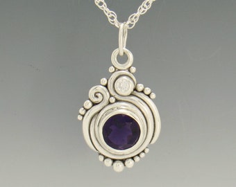 Sterling Silver 10mm Amethyst and 3mm Moissanite Pendant, has 20" Silver Chain, Handmade One of a Kind Artisan Jewelry with Free Shipping!