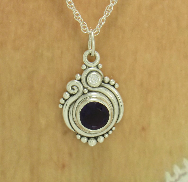 Sterling Silver 10mm Amethyst and 3mm Moissanite Pendant, has 20 Silver Chain, Handmade One of a Kind Artisan Jewelry with Free Shipping image 8