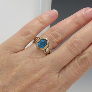 14ky Gold 10x8 mm London Blue Topaz with Moissanite Ring, Size 8 1/2, One of a kind Handmade Artisan ring made in the USA, Free Shipping. image 5