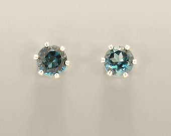 Sterling Silver 6 mm London Blue Topaz 6 prong Post Earrings with Push Back Ear Nuts.