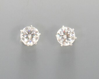 Sterling Silver 6 mm Moissanite 6 prong Post Earrings with Push Back Ear Nuts.