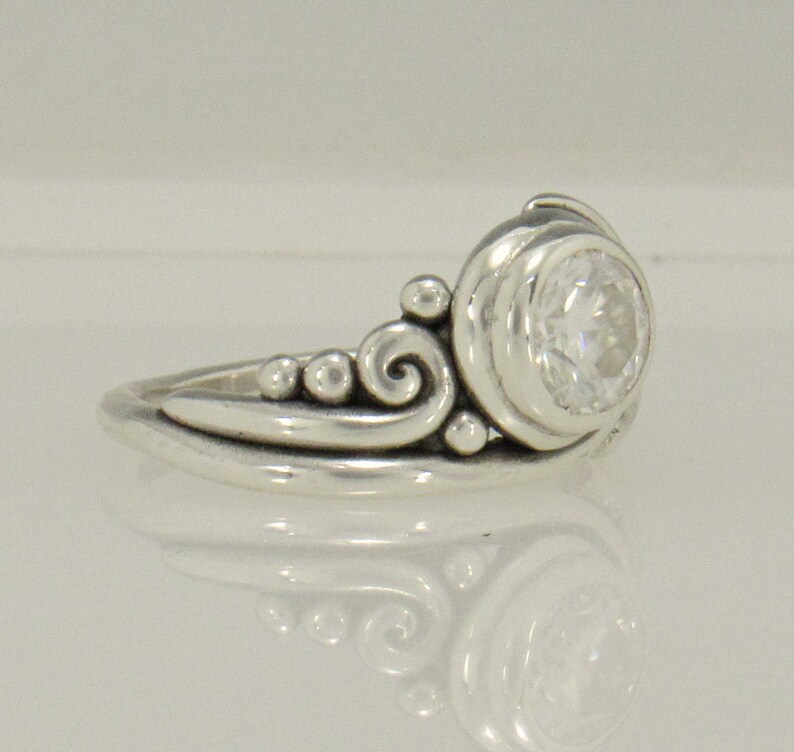 Sterling Silver Ring with 7 mm Moissanite , Handmade One of a Kind Artisan Jewelry Made in USA with Free Shipping image 2