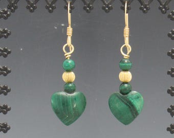 Malachite Heart Earrings with 14k Yellow Gold Filled Ear Wires and Beads