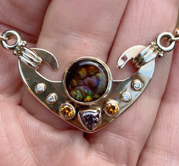 14k Yellow and White Gold Fire Agate Pendant with… - image 8