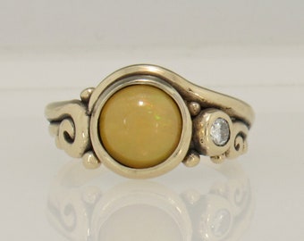 14ky Gold Ring with Colorful 8.5mm Ethiopian Opal and 3.5mm Moissanite, Handmade One of a Kind Ring Made in the USA