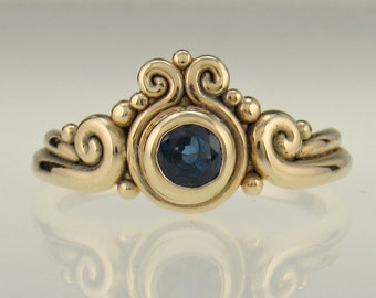 14ky Gold Ring with 4.5mm Blue Sapphire , Handmade One of a Kind Artisan Ring Made in the USA, Free Domestic Shipping, Size 8.