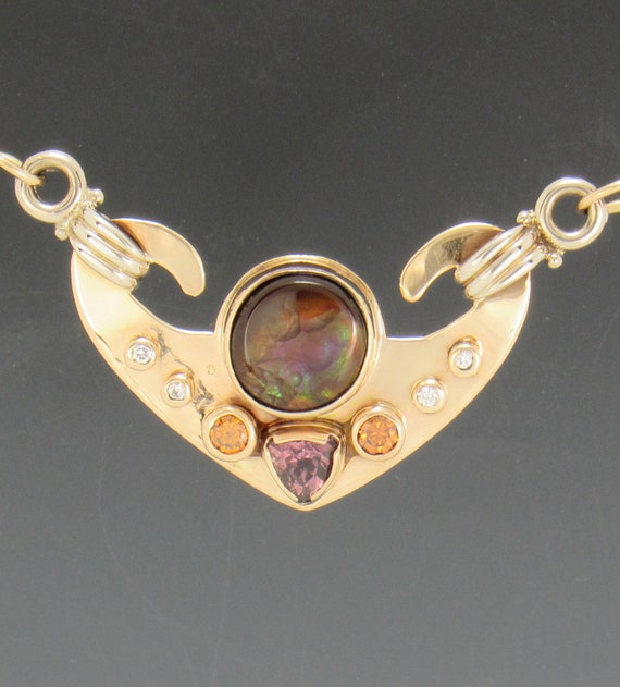 14k Yellow and White Gold Fire Agate Pendant with… - image 1