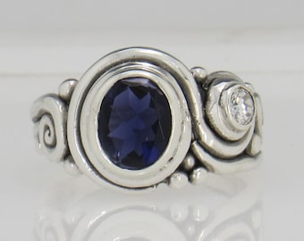 Sterling Silver Bezel Set Ring with 10x8 mm Iolite and 4 mm Moissanite, Size 9 1/2