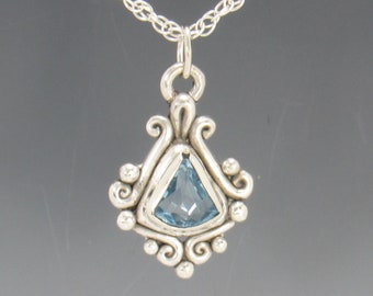 Sterling Silver 8mm Kite shape Blue Topaz Pendant, has 18" Silver Chain, Handmade One of a Kind Artisan Jewelry with Free Shipping!