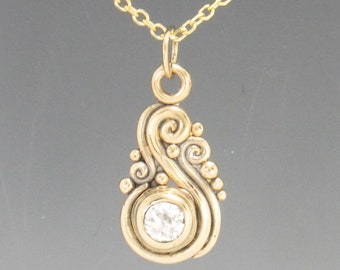 14k Yellow Gold Pendant with 5mm Old Euro Cut Moissanite, 18" Gold Chain- Handmade One of a Kind Pendant Made in the USA with Free Shipping!