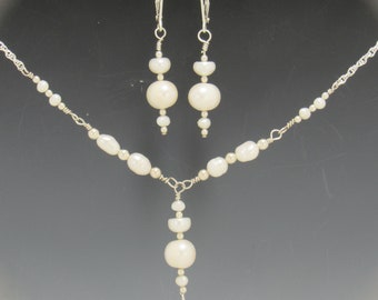 Sterling Silver White Pearl Necklace and Earring Set, Handmade One of a Kind Artisan Jewelry Made in the USA with Free Shipping!