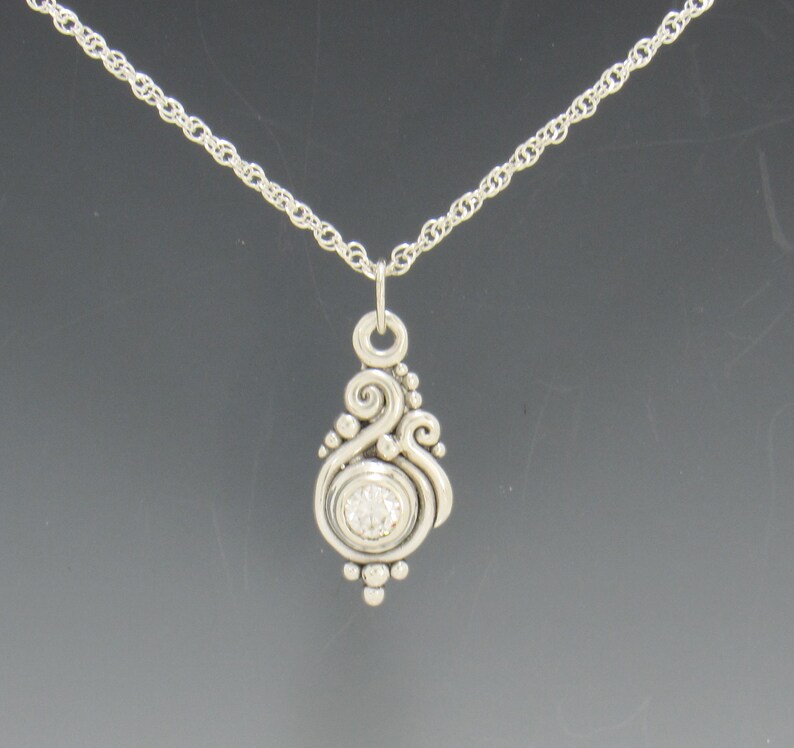 Sterling Silver 5 mm Moissanite Pendant, has 18 Sterling Silver Chain, Handmade One of a Kind Artisan Pendant with Free Domestic Shipping image 2