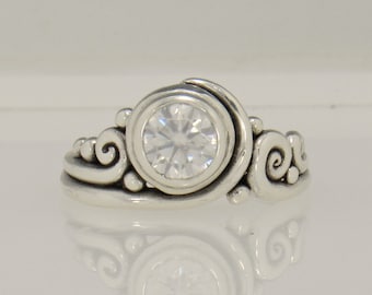 Sterling Silver Ring with 7 mm  Moissanite , Handmade One of a Kind Artisan Jewelry Made in USA with Free Shipping!