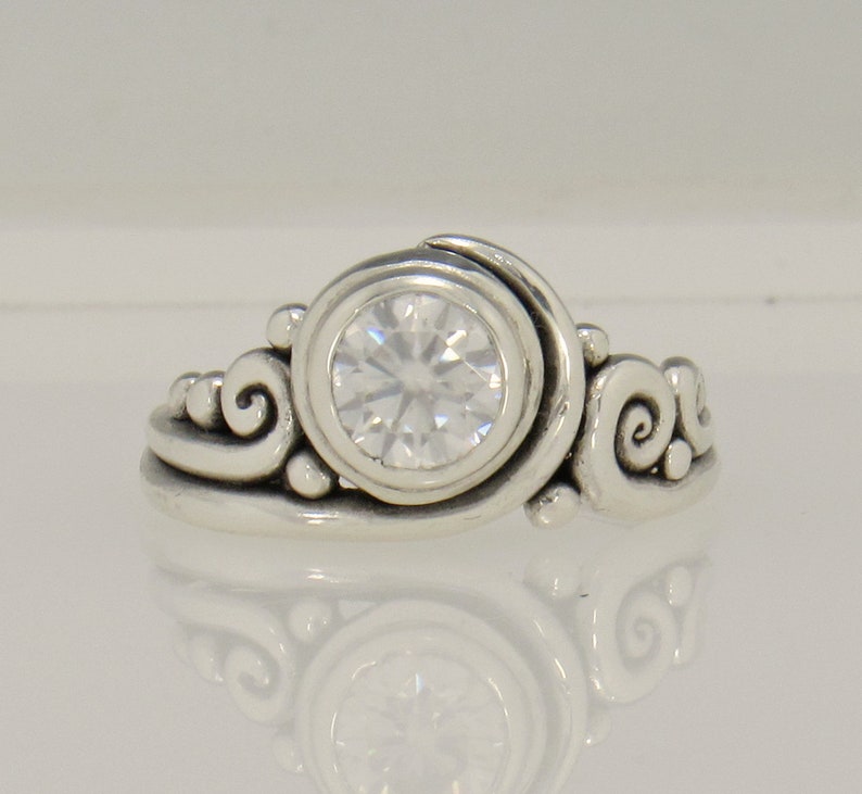 Sterling Silver Ring with 7 mm Moissanite , Handmade One of a Kind Artisan Jewelry Made in USA with Free Shipping image 1