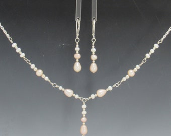 Sterling Silver White and Peach Pearl Necklace and Earring Set, Handmade One of a Kind Artisan Jewelry Made in the USA with Free Shipping!