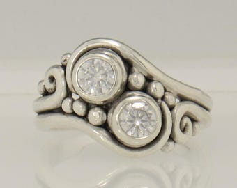 Sterling Silver Ring with 2) 5mm Moissanites, Size 9 1/4, One of a Kind Ring Made in the USA with Free Shipping.  Sizable Ring.
