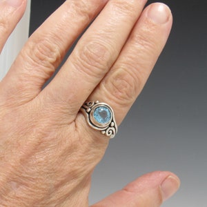 Sterling Silver 8 mm Blue Topaz Ring Size 8 1/4, Handmade One of a Kind Artisan Ring Made in the USA with Free Domestic Shipping image 9