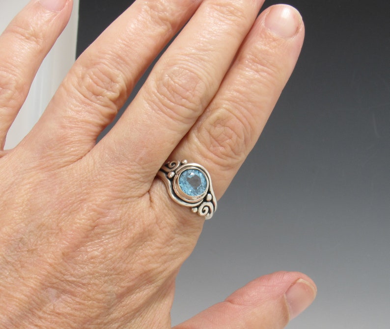 Sterling Silver 8 mm Blue Topaz Ring Size 8 1/4, Handmade One of a Kind Artisan Ring Made in the USA with Free Domestic Shipping image 9