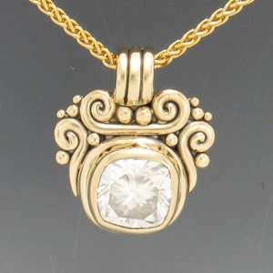 14k Yellow Gold Pendant with 10 mm Cushion Cut Moissanite, 4.20 ct. 18 Gold Chain One of a Kind Pendant Made in the USA, Free Shipping. image 1