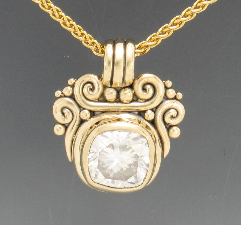 14k Yellow Gold Pendant with 10 mm Cushion Cut Moissanite, 4.20 ct. 18 Gold Chain One of a Kind Pendant Made in the USA, Free Shipping. image 1