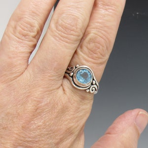 Sterling Silver 8 mm Blue Topaz Ring Size 8 1/4, Handmade One of a Kind Artisan Ring Made in the USA with Free Domestic Shipping image 10