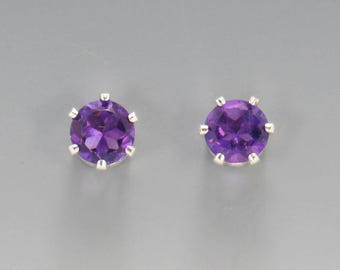 Sterling Silver 6 mm African Amethyst 6 prong Post Earrings with Push Back Ear Nuts.
