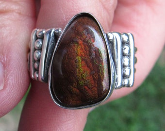 Sterling Silver Ring with 16x10 mm Fire Agate, Size 11, Handmade One of a Kind Ring Made in the USA with Free Domestic Shipping.